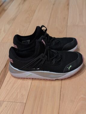 Puma Kids Black Athletic Sneakers with Pink and Light Green Puma Accents, No Tie